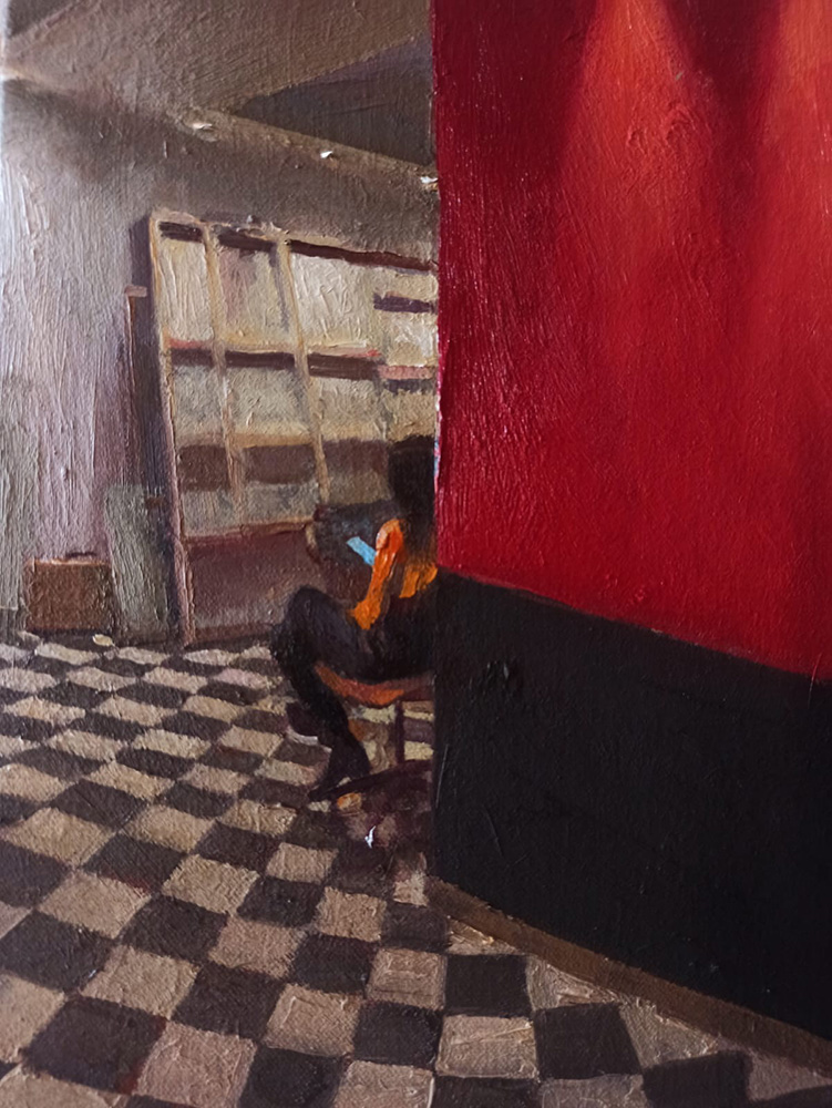 2025, Young woman trying to read phaedrus on the phone, 30x25